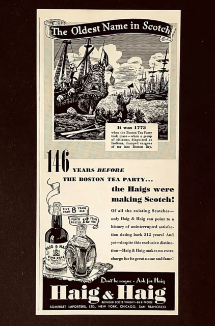 1940 Haig & Haig Scotch Advertisement Boston Tea Party Art Vintage Print AD