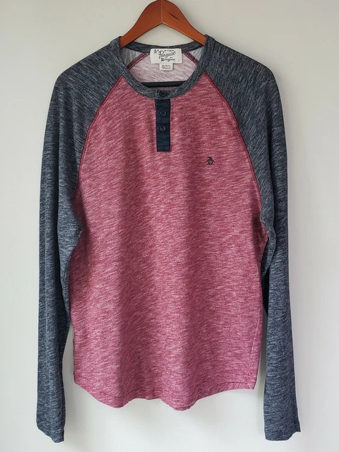 Penguin Munsingwear Henley Shirt Men's XL Long Sleeve Buttons Red Gray