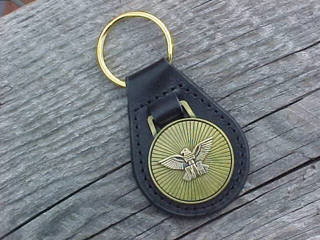 International Harvester  NOS Leather Key Fob Antique Gold Medallion Unique Logo