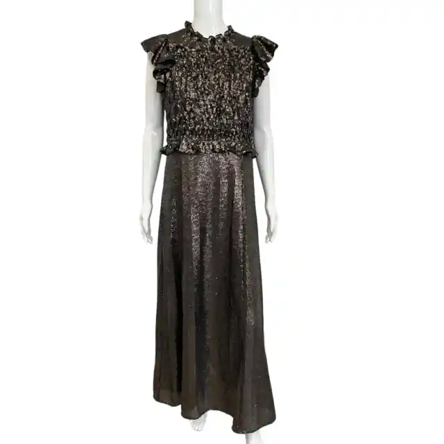 SEA New York $425 Bronze Metallic Sequin Rachelle Ruffle Smocked Maxi Gown 8