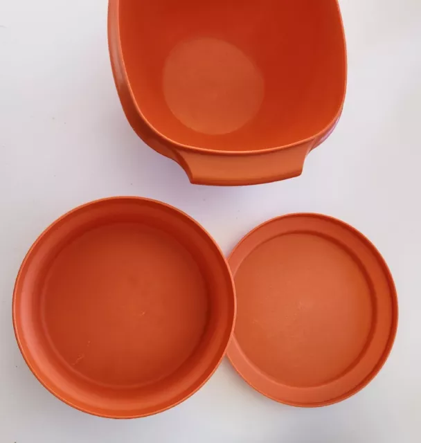 Retro Vintage Tupperware Square Servalier Orange 840-14 with Round Container+Lid