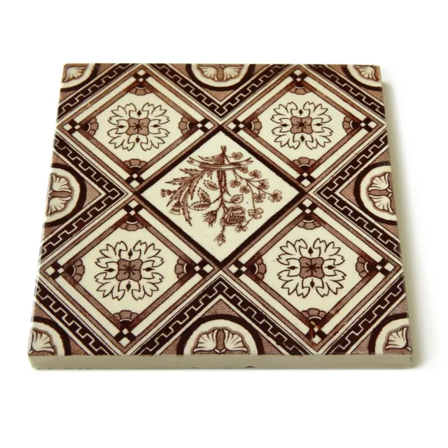 Antique Tile Victorian Aesthetic Floral Jackson Clay Hearth Transfer Brown White 9