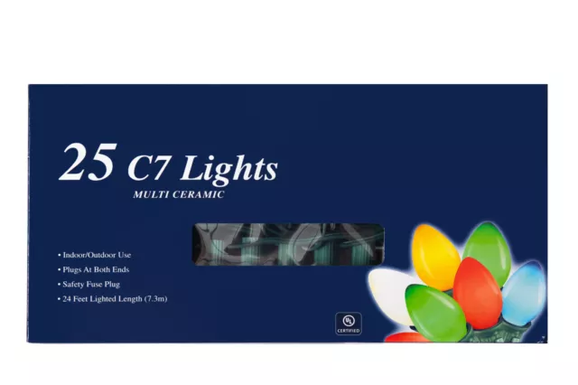 25 Ft Christmas Light String Multi Color Ceramic C7 Light Bulbs Indoor/Outdoor