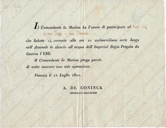 1821 VENEZIA Arsenale varo Regia Fregata Guerra EBE invito Conte Sozzi