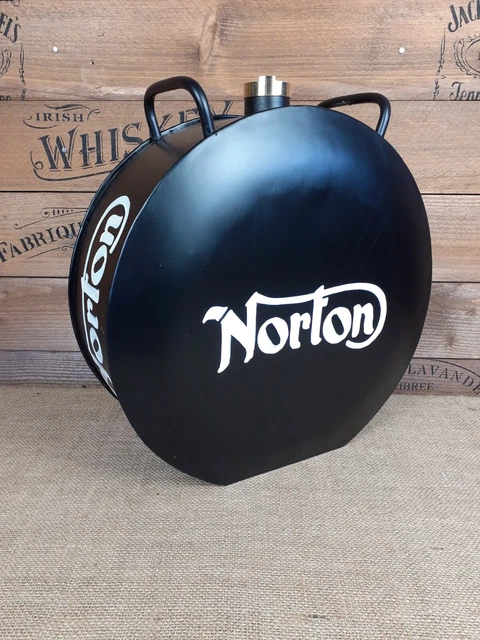 Retro vintage style Black Norton Oil petrol can Round shaped