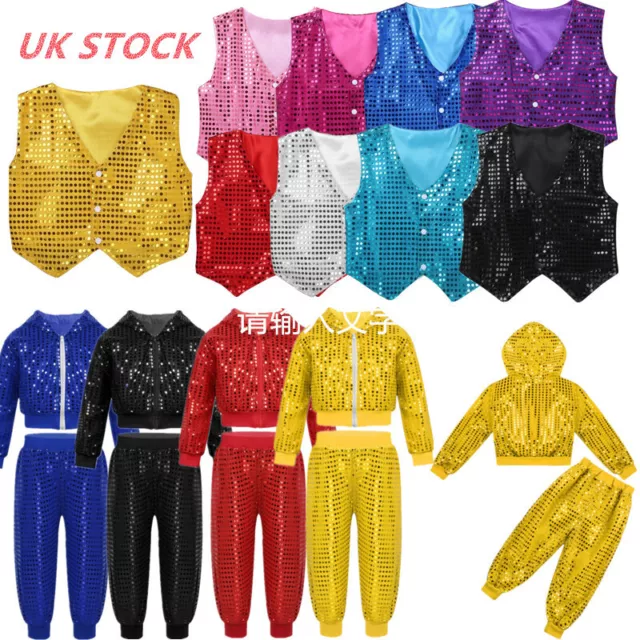 UK Boys Girl Sequin Jacket Coat Hooded Top Vest Pants Set Hip-hop Jazz Dancewear