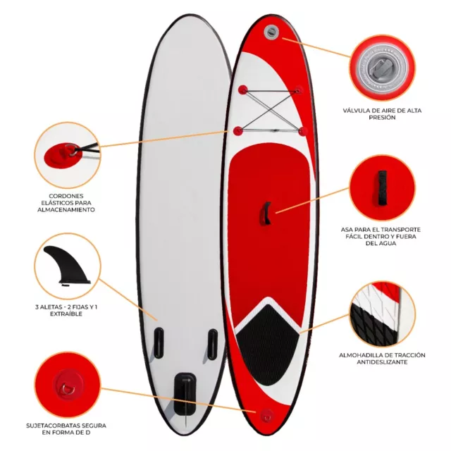 Tabla de Paddle Surf Hinchable Rojo SUP Stand Up Paddle Board 307x72x11cm Padel