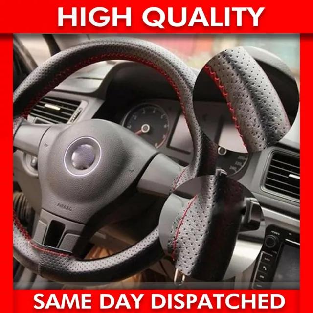 Black Sheath Red Rope DIY Steering Wheel Cover Leather Anti-slip Breathable 3