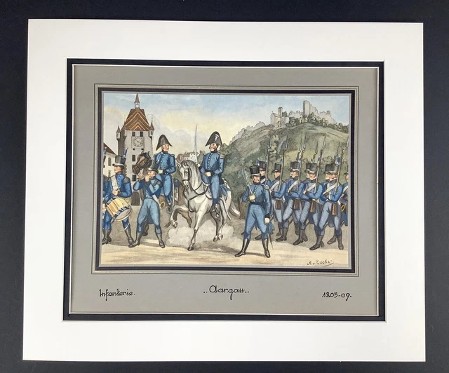 Antique Military Print Swiss Infantry Soldiers Aargau Army Uniforms 1805 Officer