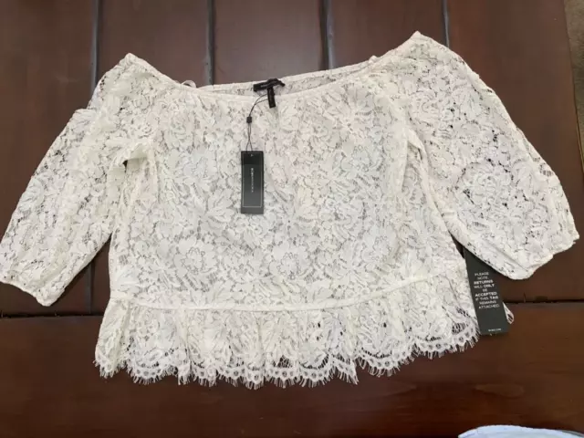 BCBG Maxazria Britanee Off White Sheer Unlined Lacd Blouse Off Shoulder Large