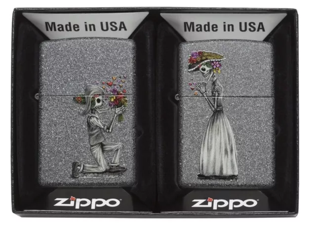 Zippo Lighter Set Day Of Dead ROMANTIC LOVERS SKELETONS Iron Stone NEW IN BOX