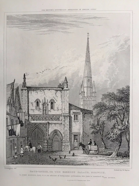 1830 Antique Print; Norwich Cathedral & Bishop's Palace Gate House after Hodgson