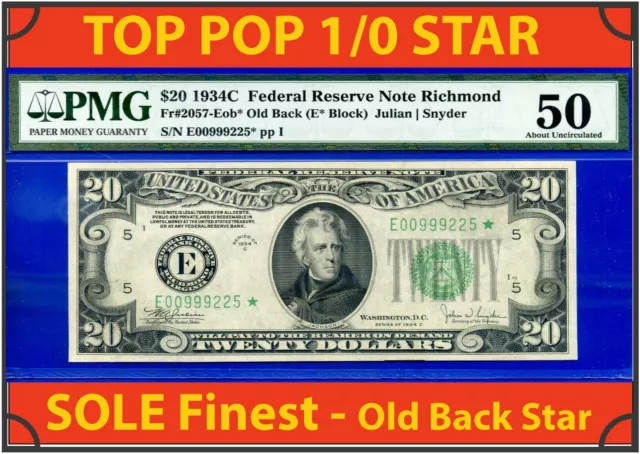 1934C $20 Federal Reserve Note PMG 50 top pop 1/0 Richmond O/B star Fr 2057-Eob*