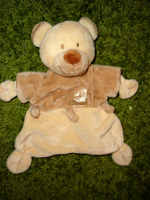 DOUDOU PLAT OURS beige marron brodé lapin 3 noeuds  NICOTOY  TTBE  !!