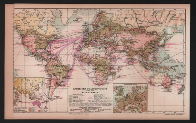 Landkarte map 1908: Karte der Weltwirtschaft und Welthandel.