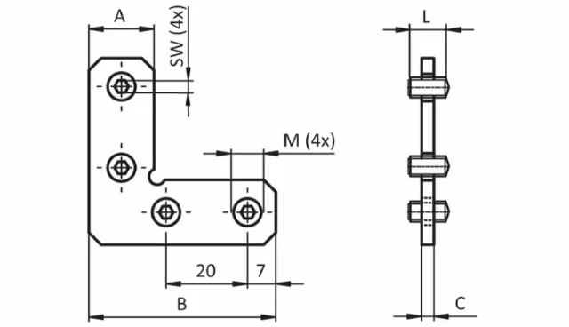 Gehrungs-Verbinder 90°,Noce 8,Angolo 46x46mm,H =3 MM,Con 4xGewindestift M8x8,S 2