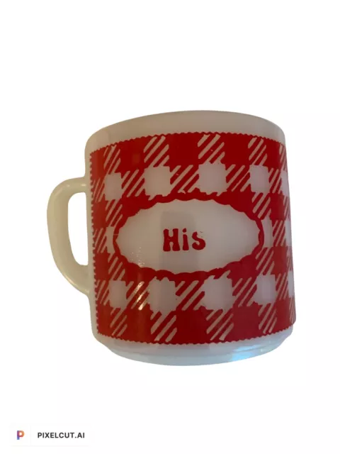 RED GINGHAM MILK Glass His Cup Vintage Tweed Checked Design Fire King ...