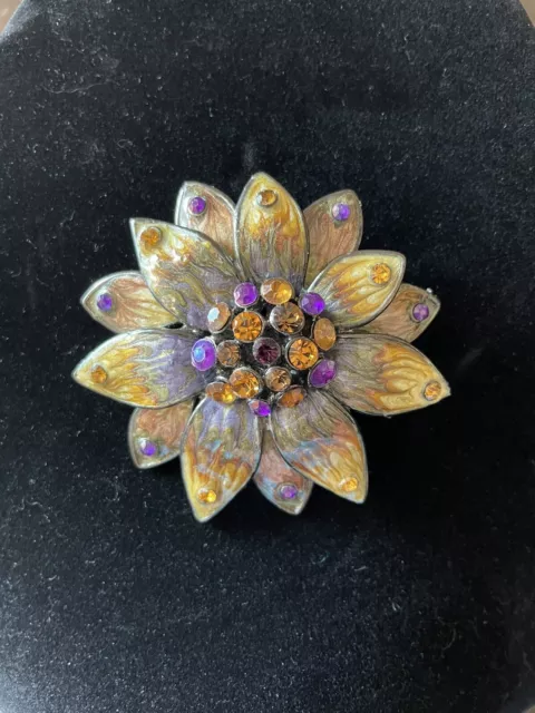 Ciner vintage brooch pin flower enamel rhinestone purple orange amazing!!!!