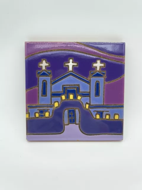 Vintage Mag Mor Studios Art Tile Handpainted Church Crosses Purple Sunset Square