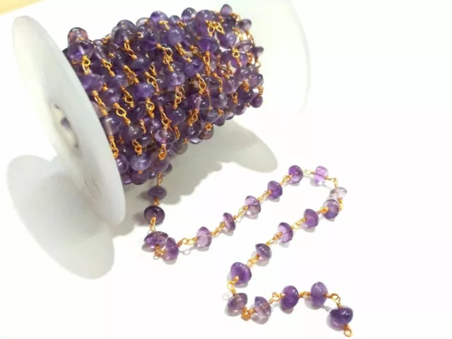 Amethyst Button 4-5mm Beads Rosary 24k Gold Plated 5 Feet  Beaded Chain Natural