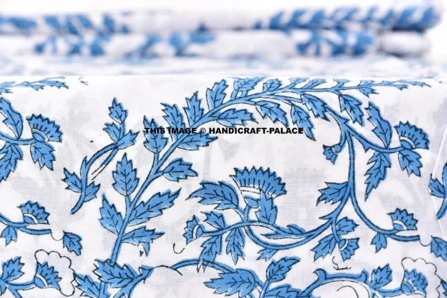 4.6m Main Bloc Bleu Feuille Coton Imprimé Indien Naturel Sanganeri Tissu Imprimé