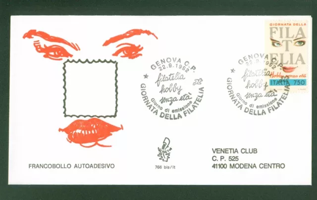 1992 Italia Fdc Venetia Giornata Del Francobollo Autoadesivo  Timbro Di Arrivo
