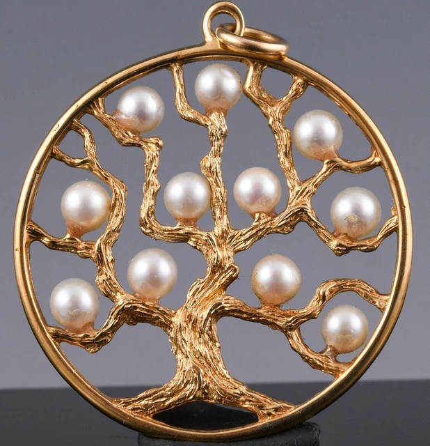 Fine Quality Vintage 14K Yellow Gold & Pearl Tree Of Life Necklace Pendant