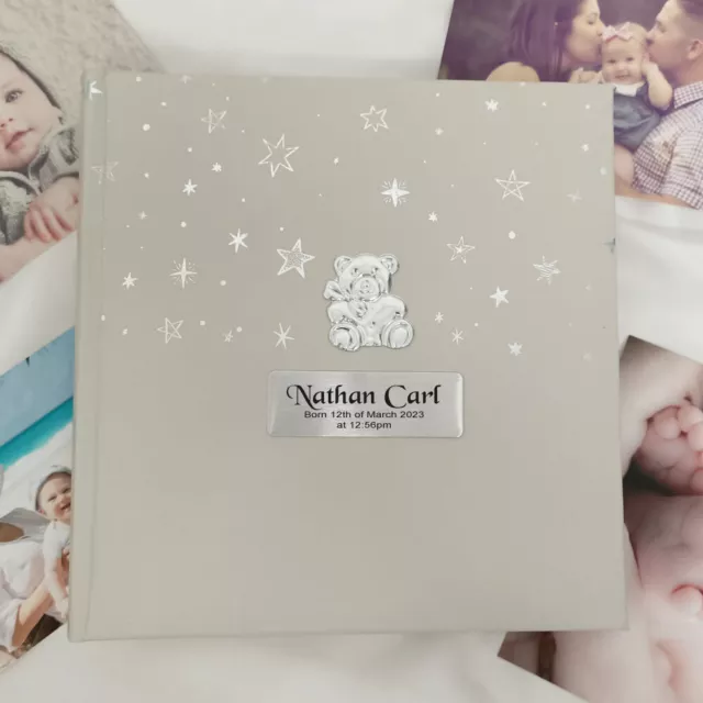 Personalised Baby Photo Album 200  - Silver Teddy, Newborn Baby Gift