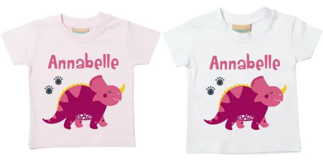 Personalised Name Pink Dinosaur Toddler T-Shirt Printed Customised Girls Babies