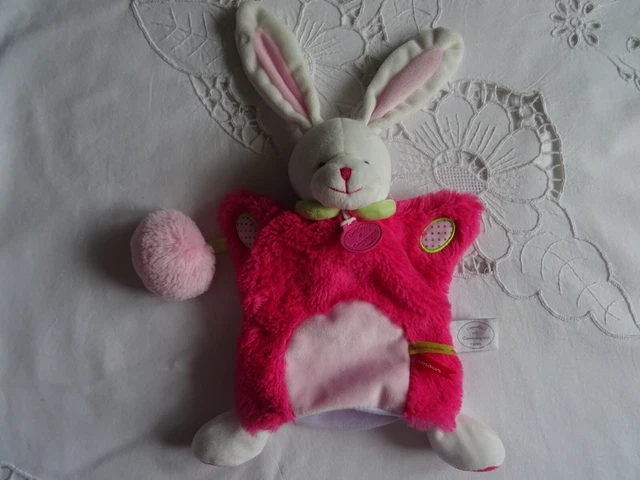 Doudou  Lapin Marionnette  Rose Blanc  Fuschia  Doudou Et Compagnie Avec Pompon 3