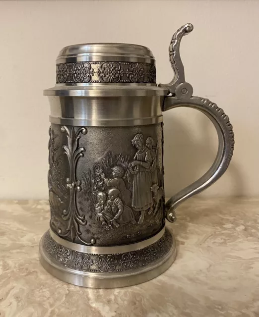 Vintage SKS ZINN 95% Pewter German Beer Stein German Leisure Scenes Embossed 6”