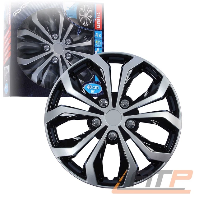 4x COPRICERCHI UNITEC COPRIRUOTA DAYTONA NERO ARGENTO 16" POLLICI NUOVO 31780017