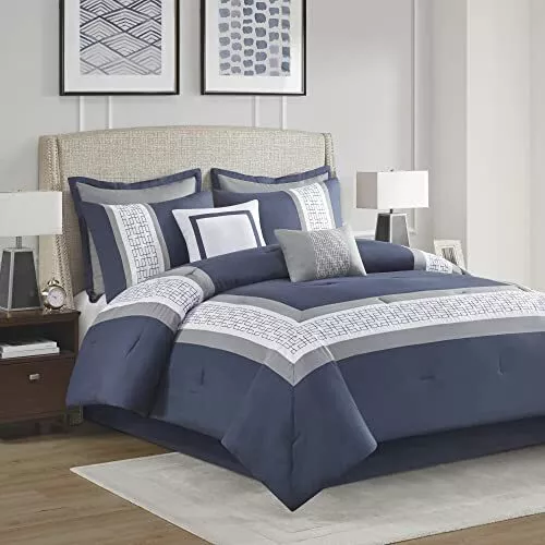 510 DESIGN Powell Cozy Comforter Set, Hotel Style Border Design Queen, Navy