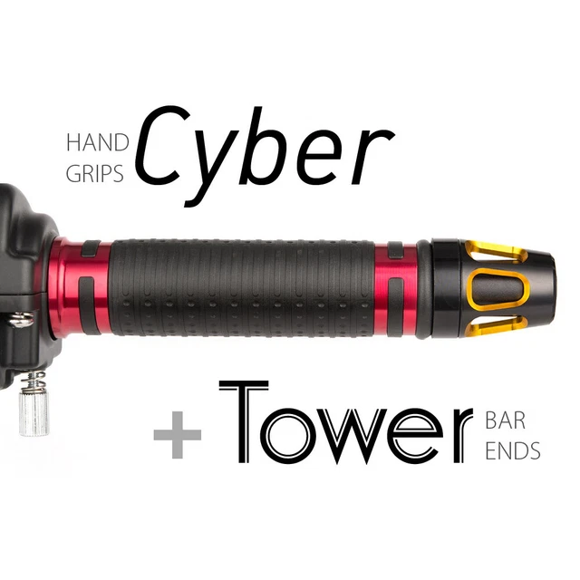 KiWAV Motorcycle Cyber grips Red with Tower Bar Ends Gold/Black