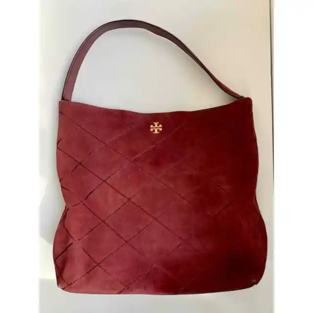 Tory Burch Port Frida Purple Maroon Stitched Suede Hobo Tote Handbag