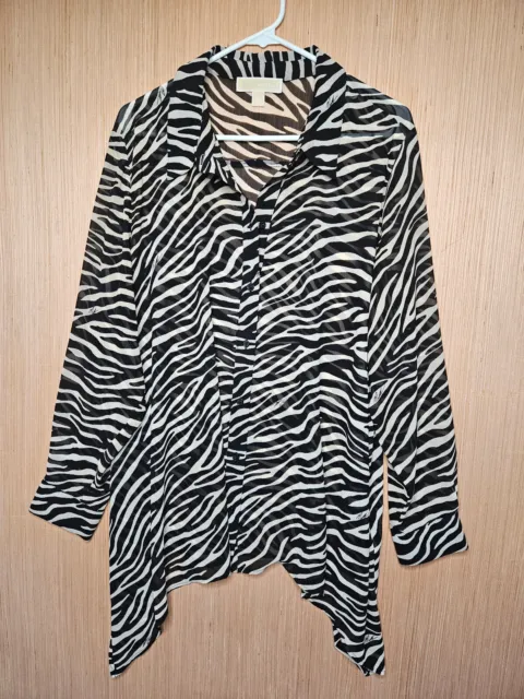 Michael Kors Top Womens Plus SZ 2X Black Beige Zebra Button Up Asymmetrical Hem
