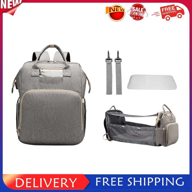 USB Folding Crib Baby Diaper Bag Mommy Nappy Backpack w/Sunshade (Grey)
