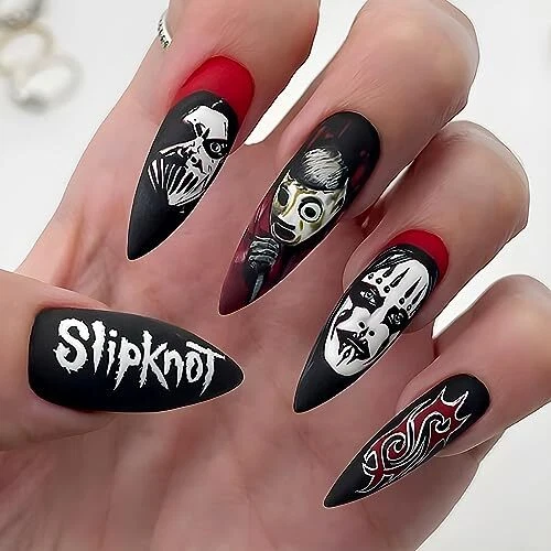 Halloween Long Press on Nails Stiletto Fake Nails Almond Black Red Matter