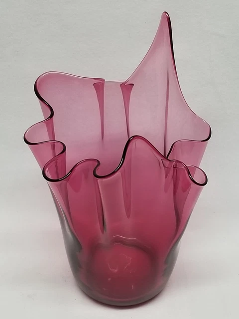 VINTAGE MURANO? GLASS Large Cranberry Glass Ruffled Handkerchief Vase