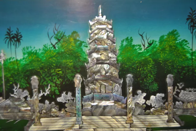 Cuadro Madera China Pintados Incrustación Nácar Decoración Lago Barca Templo 3