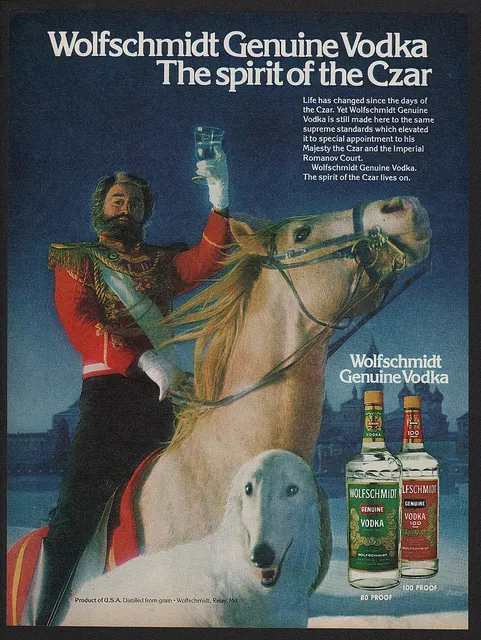 1981 WOLFSCHMIDT Vodka - CZAR & BORZOI RUSSIAN WOLFHOUND Dog & HORSE VINTAGE AD