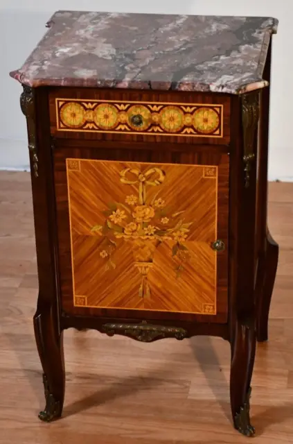 1890 Antique French Louis XV Walnut inlay & marble top Nightstand bedside table
