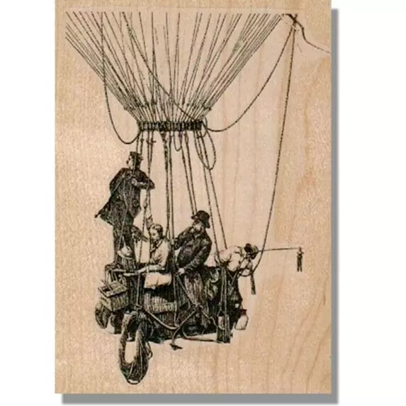 Estampilla de goma, GLOBO AEROSTÁTICO, Hombres Volando, Cesta, Victoriano, Steampunk, Medios