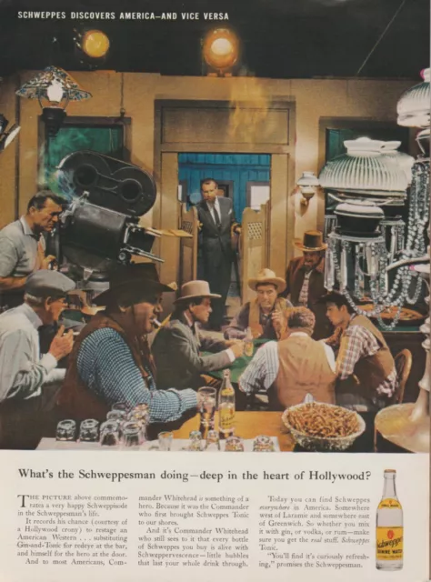 1961 Schweppes Tonic Water - Hollywood Western Movie Set Saloon - Print Ad Photo