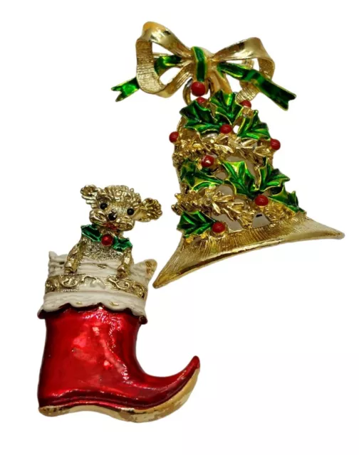 Vintage Gerrys dog in Christmas stocking & Christmas bell enamel set of 2 READ