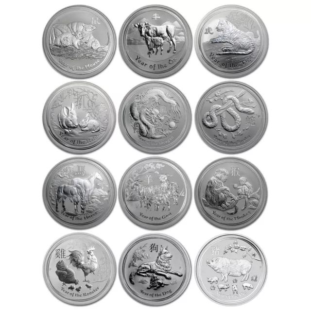 Australia 2008-2019 Perth Mint Complete 12 Coin Lunar II Series 1 Oz Silver Set