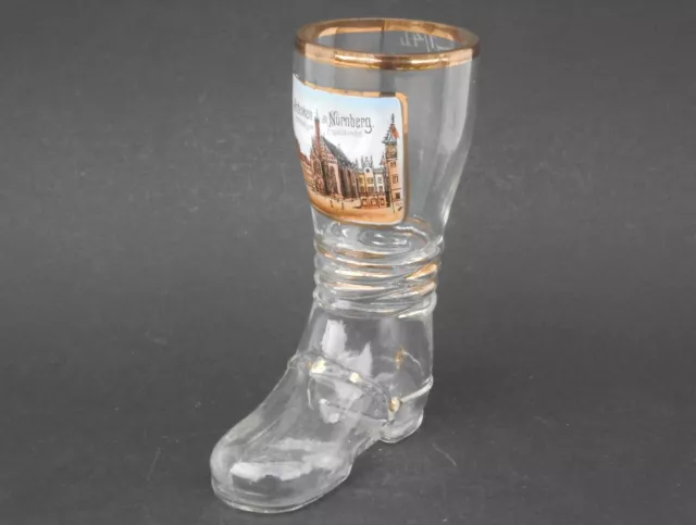 Andenken,Nürnberg-Hauptmarkt,Glasstiefel,Bierglas (1/4L),Emailmalerei,1900,TOP++