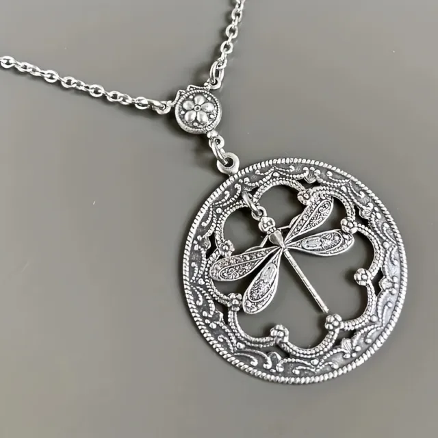 Silver Vintage Hollow Dragonfly Flower Pendant Necklace Boho Women Party Jewelry