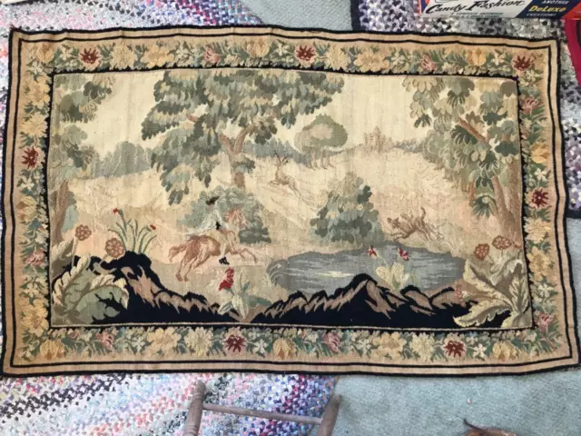 ANTIQUE FRENCH 18th CENTURY AUBUSSON DEER HUNT PICTORIAL TAPESTRY RUG HAND WOVEN