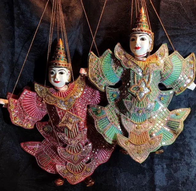 Vintage Pair Thai Burmese Indonesian String Puppet Hand Carved Wood Folk Art